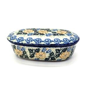 Polish Pottery Unikat Oval Lidded Trinket Box Floral Hand Painted Boleslawiec